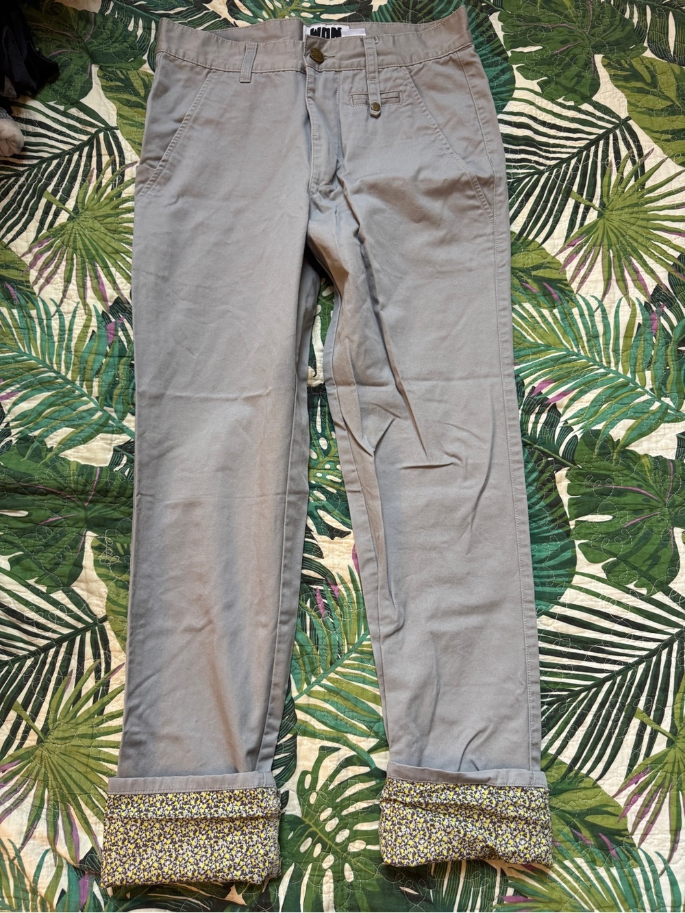 Men's Light Gray Chino Pants with Cuffed Floral Lining